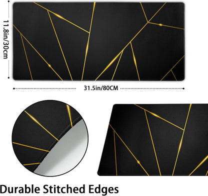 Gaming Mouse Pad 31.5×11.8 Inch XL with Stitched Edges Extended Waterproof Gold Line Black Geometric Desk Pads Non-Slip Rubber Base Large Keyboard Mat Computer Gaming Mousepad for Work/Office/Home