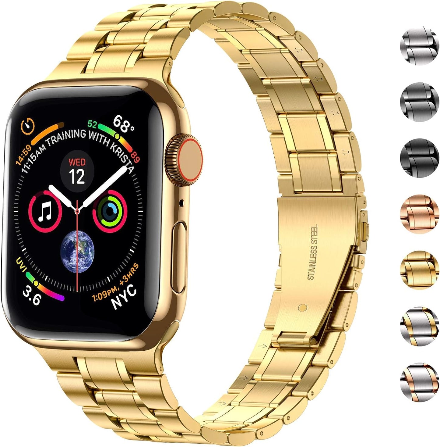 Solid Stainless Steel Band Compatible with Apple Watch 44Mm(Series 6/5/4/SE), 42Mm (Series 3/2/1), Metal Strap with Soft TPU Case for Iwatch Bands for Women and Men, Gold