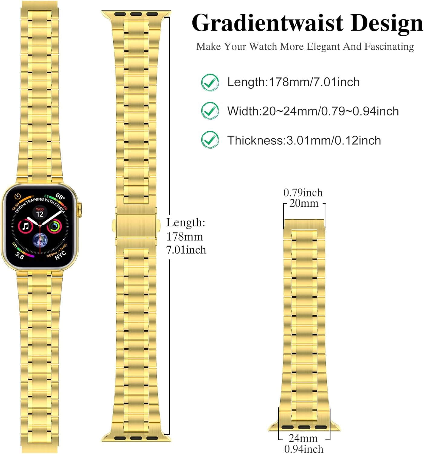 Solid Stainless Steel Band Compatible with Apple Watch 44Mm(Series 6/5/4/SE), 42Mm (Series 3/2/1), Metal Strap with Soft TPU Case for Iwatch Bands for Women and Men, Gold