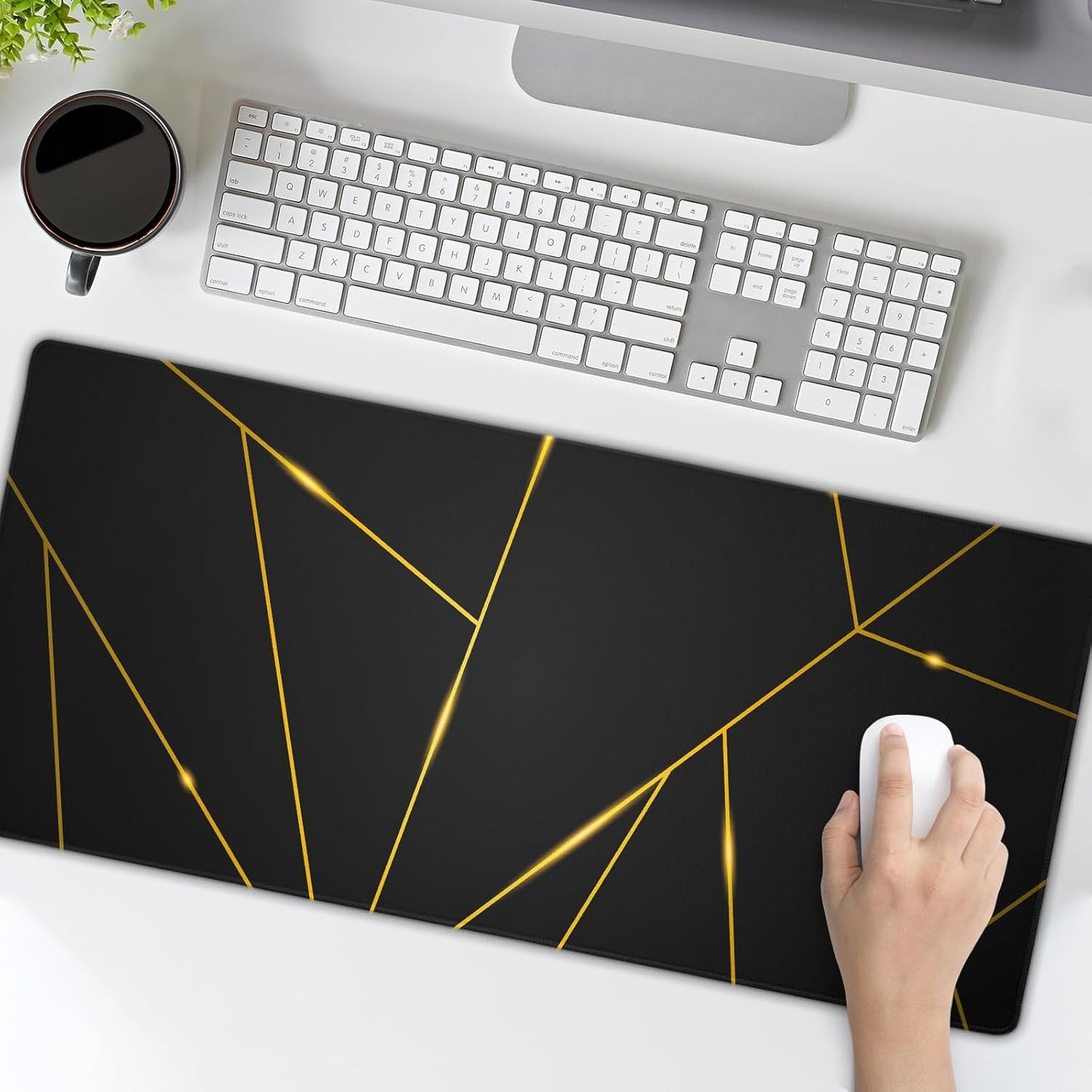 Gaming Mouse Pad 31.5×11.8 Inch XL with Stitched Edges Extended Waterproof Gold Line Black Geometric Desk Pads Non-Slip Rubber Base Large Keyboard Mat Computer Gaming Mousepad for Work/Office/Home